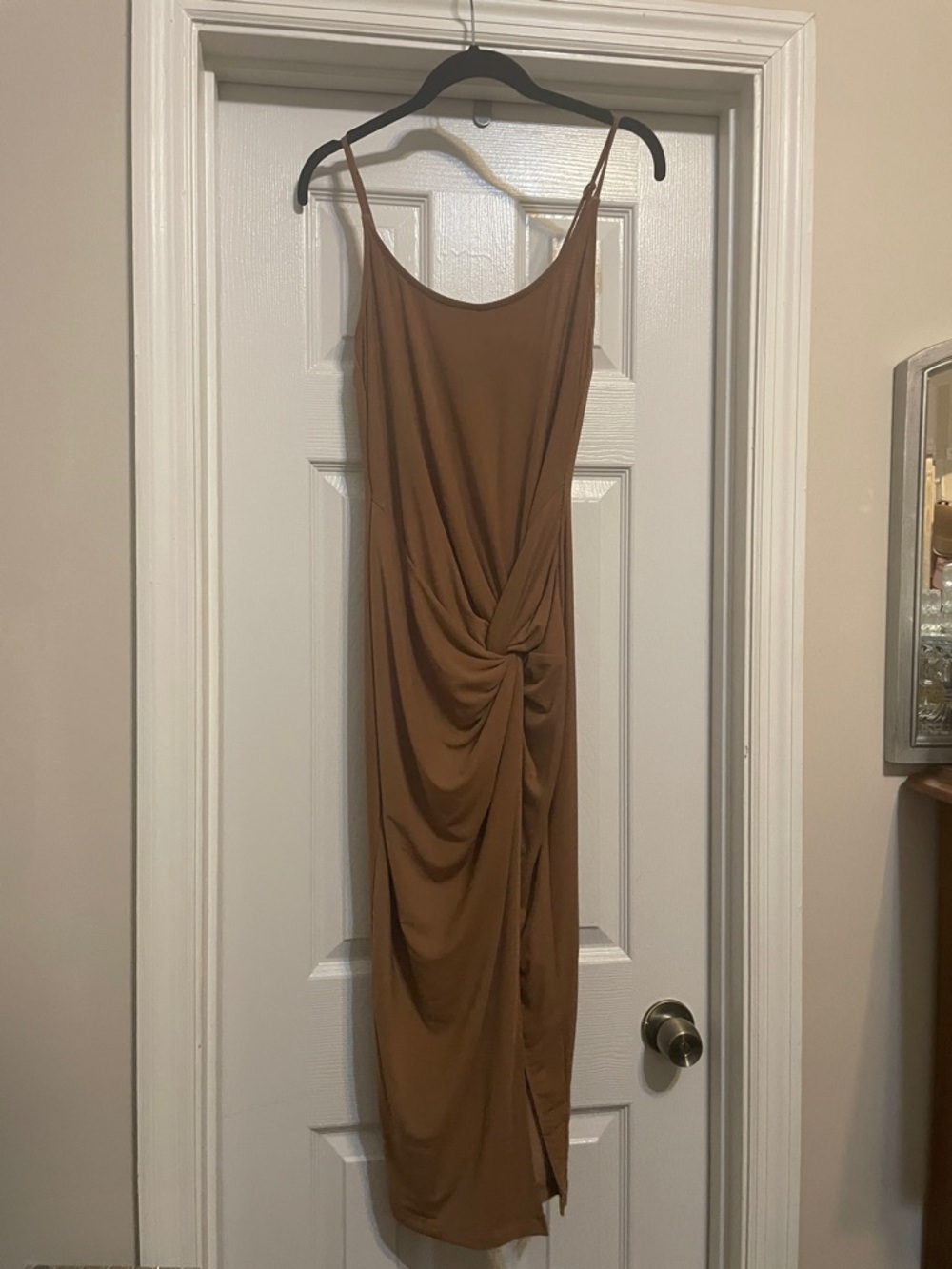 JLUXLABEL Camel Mesh Twist-Front Midi Slip Dress